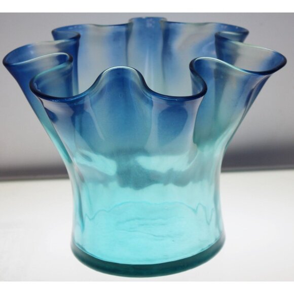 MC Handkerchief Ombre Blue Glass Vase Ruffle Wave Beach Summer Wide Bowl Ocean - Picture 3 of 11